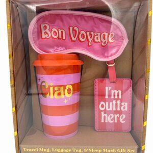 NIB TRAVEL MUG W/ LID LUGGAGE TAG & SLEEP MASK PINK & ORANGE GIFT SET BON VOYAGE